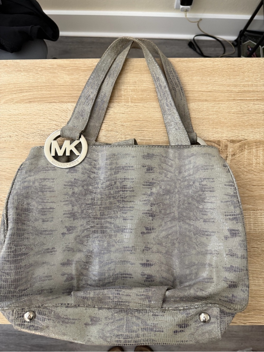 Michael Kors Metallic Gray Leather Tote with MK Charm